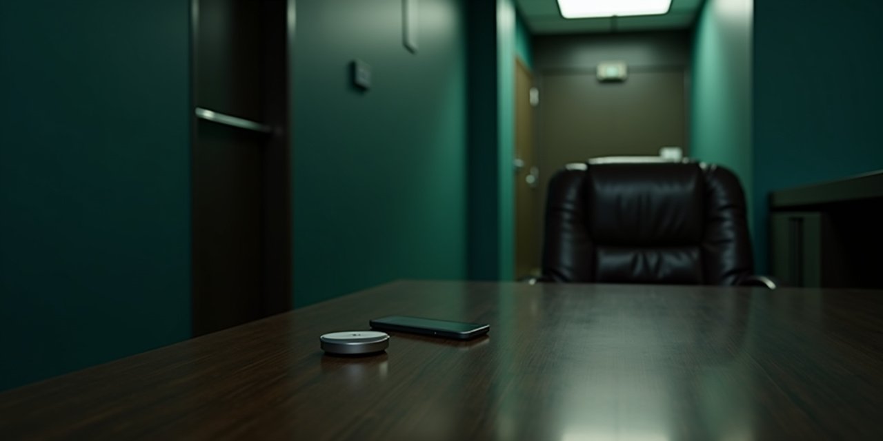 An empty leather executive chair beside a desk with a small silver voice recorder resting where a notepad used to sit